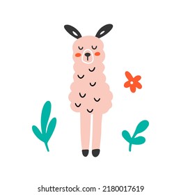 Pink cute fluffy llama with a flower isolated on a white background. Hand drawn flat vector illustration. Nursery decoration. Stock vector illustration isolated on white background.