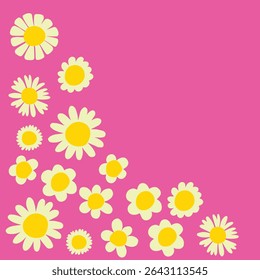 Pink cute frame with a place for an inscriptionwith vintage daisy flowers. Pink pattern. Retro floral vector background surface design, stationery, covers. 60s, 70s, 80s style. Vector illustration