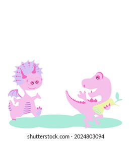 Pink cute girl dinosaur cartoon image smiling play with pink boy dinosaur running away on a white background. Cute pink girlboy Dino baby.Vector isolate flat design concept for kids  card,web,poster.