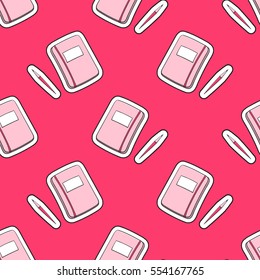 Pink cute girl pattern vector seamless with notebook dairy and pen. School background for preschool, teen or student girls.