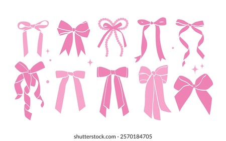 Pink cute girly coquette ribbon bow set. Elegant Feminine  accessories. Vector