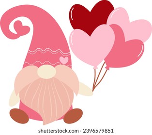 pink cute gnome holding heart balloons bouquet clipart vector illustration for decoration invitation greeting birthday party celebration wedding card poster banner textiles wallpaper background