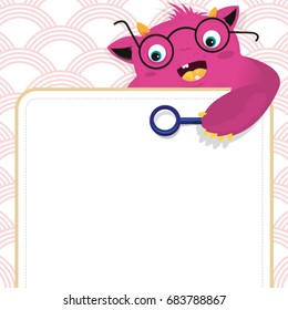 Pink Cute Hairy Monster. Illustration for children. Place for text. Search.