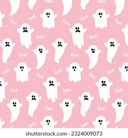 Pink cute halloween ghost pattern repeat print background. Vector illustration. Great for kids and home decor projects. Surface pattern design.