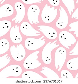 Pink cute halloween ghost seamless pattern repeat print background. Vector illustration. Great for kids and home decor projects. Surface pattern design.