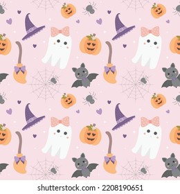 Pink cute halloween seamless pattern  Vector illustration  Surface pattern design  Ghost  Witch Hat  Carved Pumpkin Smiley Face  Spider Web  Spider 