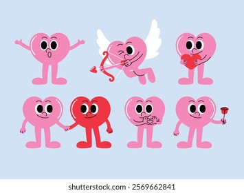 pink cute heart character cartoon opens arms, cupid angel shooting cupid's bow, holding heart, holding hand, making heart gesture, giving red rose illustration