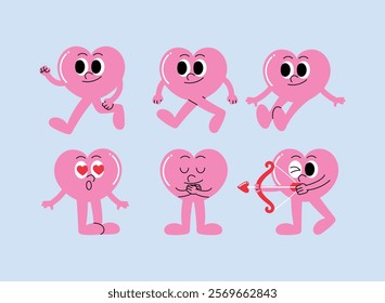 pink cute heart character cartoon walking, running, sitting , fall in love, embracing itself, shooting cupid's bow illustration