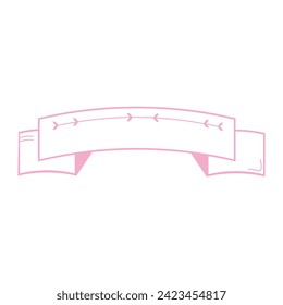 Pink cute horizontal frame with space for text. Empty ribbon with plants pink tape isolated. Heart template. Hand-drawn doodle isolated, vector art illustration
