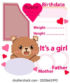 Pink cute infographics for a newborn baby for girl, with a bear in the style of 8-bit consoles, pixel illustration