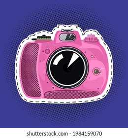 Pink cute instant print camera , manual camera on a purple violet pop art halftone background, pins or patches, retro style, vector illustration