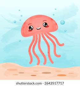 pink cute jellyfish in the blue ocean with big eyes