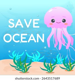 pink cute jellyfish in the ocean with the words save the ocean vector children's illustration