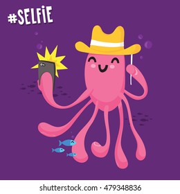 Pink cute kawaii octopus taking selfie with phone camera cartoon vector illustration