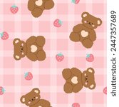 Pink cute kawaii teddy bears with grid texture background and strawberry, kids seamless pattern background for girl. Wrapping paper childish design, fabric and textile print