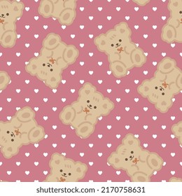 Pink cute kawaii teddy bears with hert texture background, kids seamless pattern background for boy and girl. Wrapping paper childish design, fabric and textile print