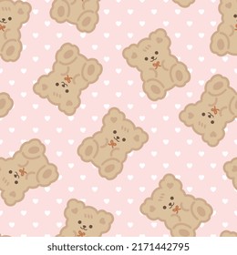 Pink cute kawaii teddy bears with heart texture background, kids seamless pattern background for boy and girl. Wrapping paper childish design, fabric and textile print