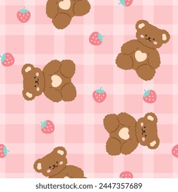 Rosa niedliche Kawaii Teddybären mit Gitter Textur Hintergrund und Erdbeere, Kinder nahtlose Muster Hintergrund für Mädchen. Verpackungspapier kindisches Design, Stoff und Textildruck