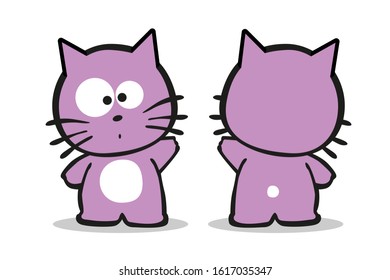 Pink cute kitten front & back character. Vector illustration on white background