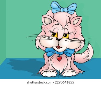 Kitty rosado con arcos azules - Ilustración de dibujos animados de color con fondo, vector