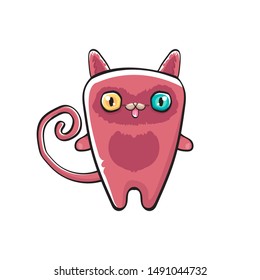 pink cute kitty character isolated on white background. Cartoon happy pink cat character with big eyes 
