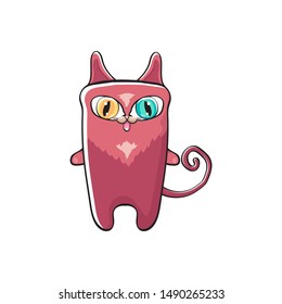 pink cute kitty isolated on white background. Cartoon happy pink cat with big eyes 