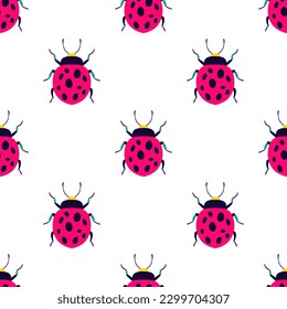 Pink and cute ladybugs on the white background. Seamless pattern with cartoon elements. Polka dot summer background.