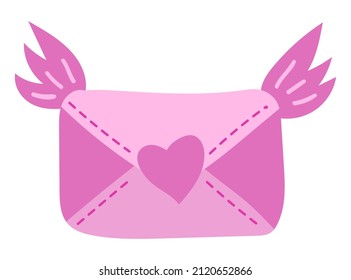 A pink cute letter with wings and heart. Isolated image of flying paper envelope on a white background. Vector illustration. Suitable for making Valentine's Day cards.