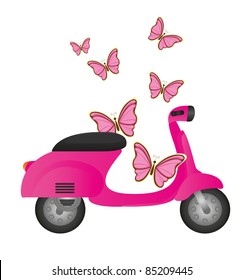 pink cute motorbike with butterflies isolated. vector