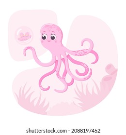 pink cute octopus enjoys a blooming flower in a bubble on the seabed among coral and algae