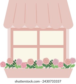 Pink cute outside window with rose. view isolated on house wall. Outdoor home theme. falt window vector illustration.