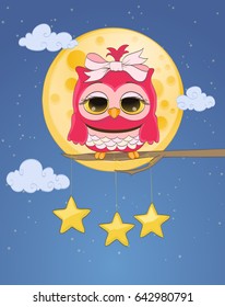 pink cute owl, moon, hanged stars, night sky with clouds. cartoon childish vector illustration