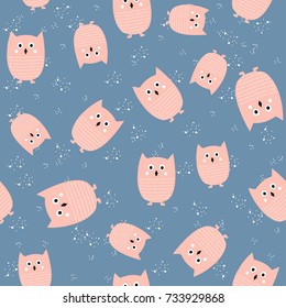 Pink cute owl seamless pattern. Vector hand drawn illustration.