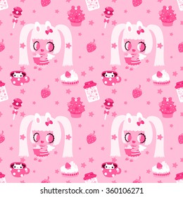Pink and cute pattern with sweets and little funny girl.