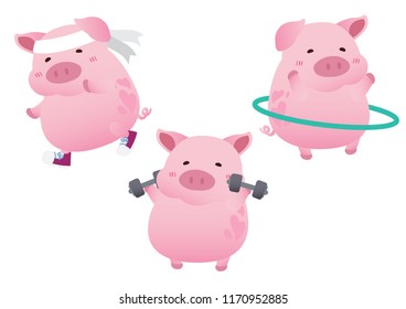 pink cute pig exercise diet character design vector