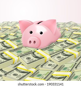 Pink cute piggy bank money safe box in heap of dollar stacks background vector illustration