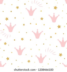 Pink cute princess pattern Seamless background with a pink crown gold stars on a white background Can be used for wallpaper, pattern fills, web page background, surface textures. Vector Illustration