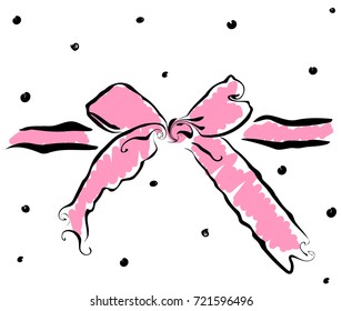 Pink cute ribbon bow on white background with black dots