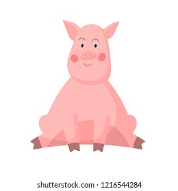 A pink cute roly-poly pig isolated on white background. Little piggy with rosy cheeks. Symbol of 2019 year. Vector illustration use for greeting card, poster, banner, flyer etc.