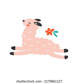 Pink cute running llama with a flower isolated on a white background. Hand drawn flat vector illustration. Nursery decoration. Stock vector illustration isolated on white background.