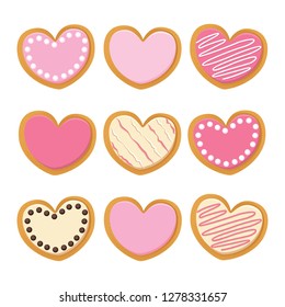 Pink cute Saint Valentine Heart shape white chocolate and strawberry icing cookies