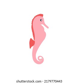 Pink cute seahorse. Flat vector illustration in kawaii style. Sea creature, ocean life
