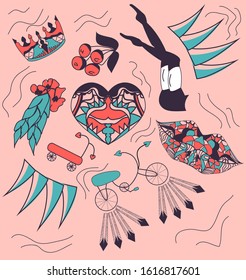 Pink, cute set of Valentine's day icons in vector. Legs, stockings, crown, feathers, heart, flowers, Bicycle, scooter.