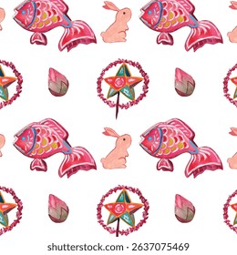 Pink cute star and fish lanterns, lotus bud, moon rabbit seamless pattern. Watercolor elements. Traditional heritage Asian theme. Romantic elegant wallpaper for decoration for Mid Autumn Festival