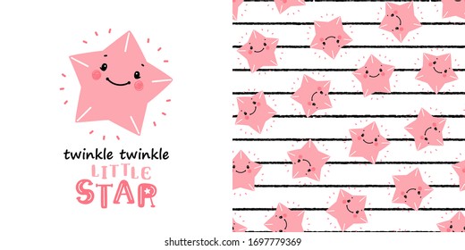 Pink Cute Stars Vector Seamless Pattern and T-shirt Print Design for Kids  Fashion with Little Star. Scandinavian Poster and wallpaper for Birthday, Baby Shower or Nursery Design