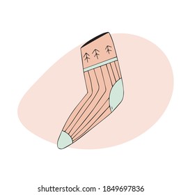 Pink cute striped sock. Vector hand drawn illustration. Sock icon in linear style. Isolated.