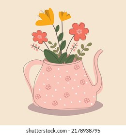 Una bonita tetera rosa con un ramo de flores. Flores de primavera. Se puede usar para saludos, postales, afiches, felicitaciones, salón de té o tienda.