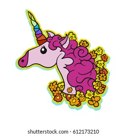 Pink Cute Unicorn Patch Design, hand-drawn Vector Artwork for Shirt Prints and Social Media 
