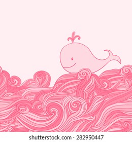 Pink cute whale in the sea waves. Hand-drawn cartoon style illustration.