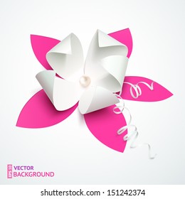 Pink cutout paper flower with pearl, vector illustration